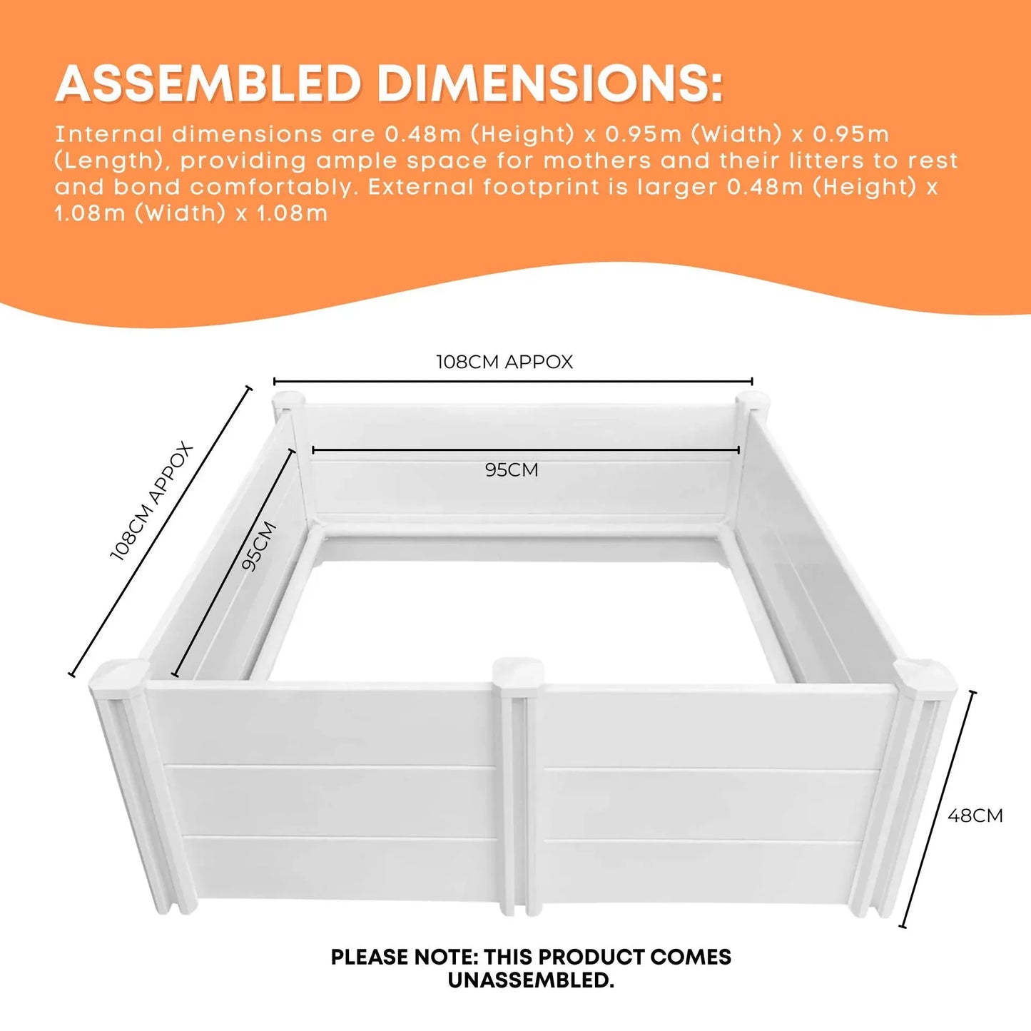 Rooster Farms Dog Whelping Box 0.95m x 0.95m x 0.48m - Puppy Birthing PVC Pen