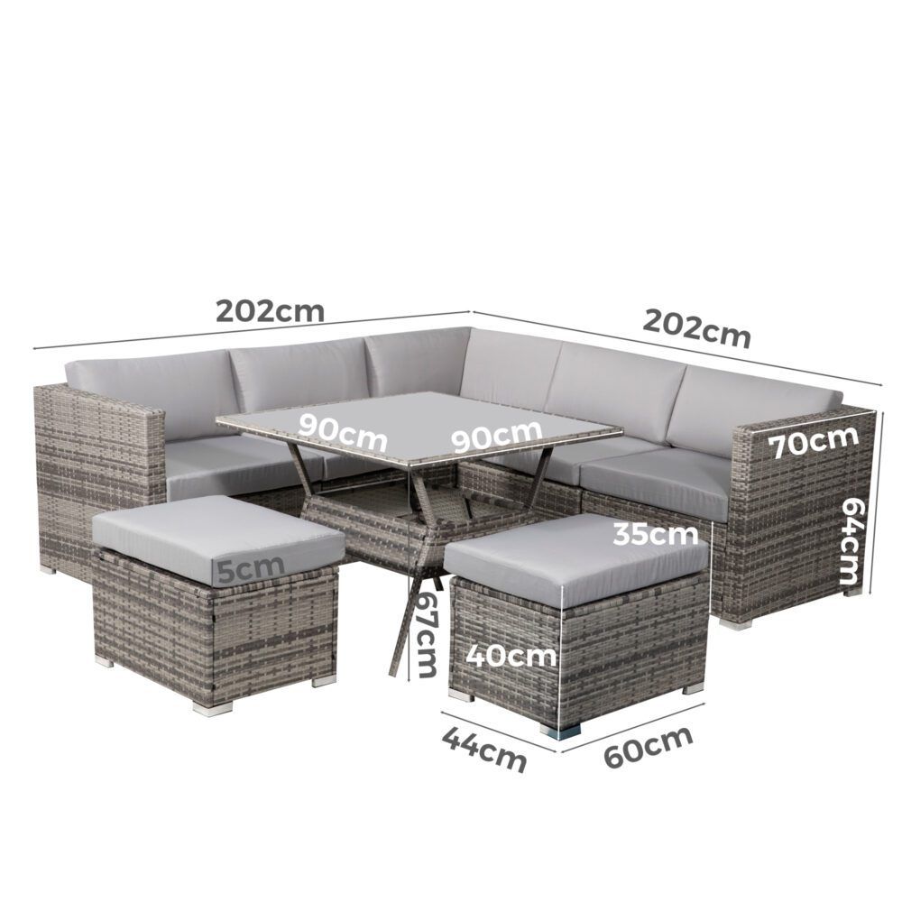 Outdoor Dining Set 8PC Wicker Table & Chairs - Grey