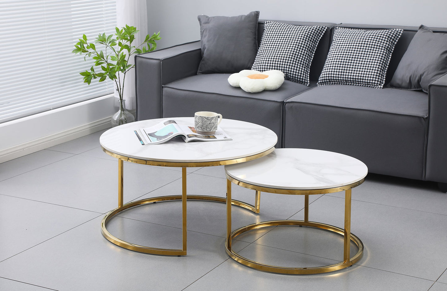 Nesting Style Coffee Table - White on Gold Stainless Steel 80cm/60cm