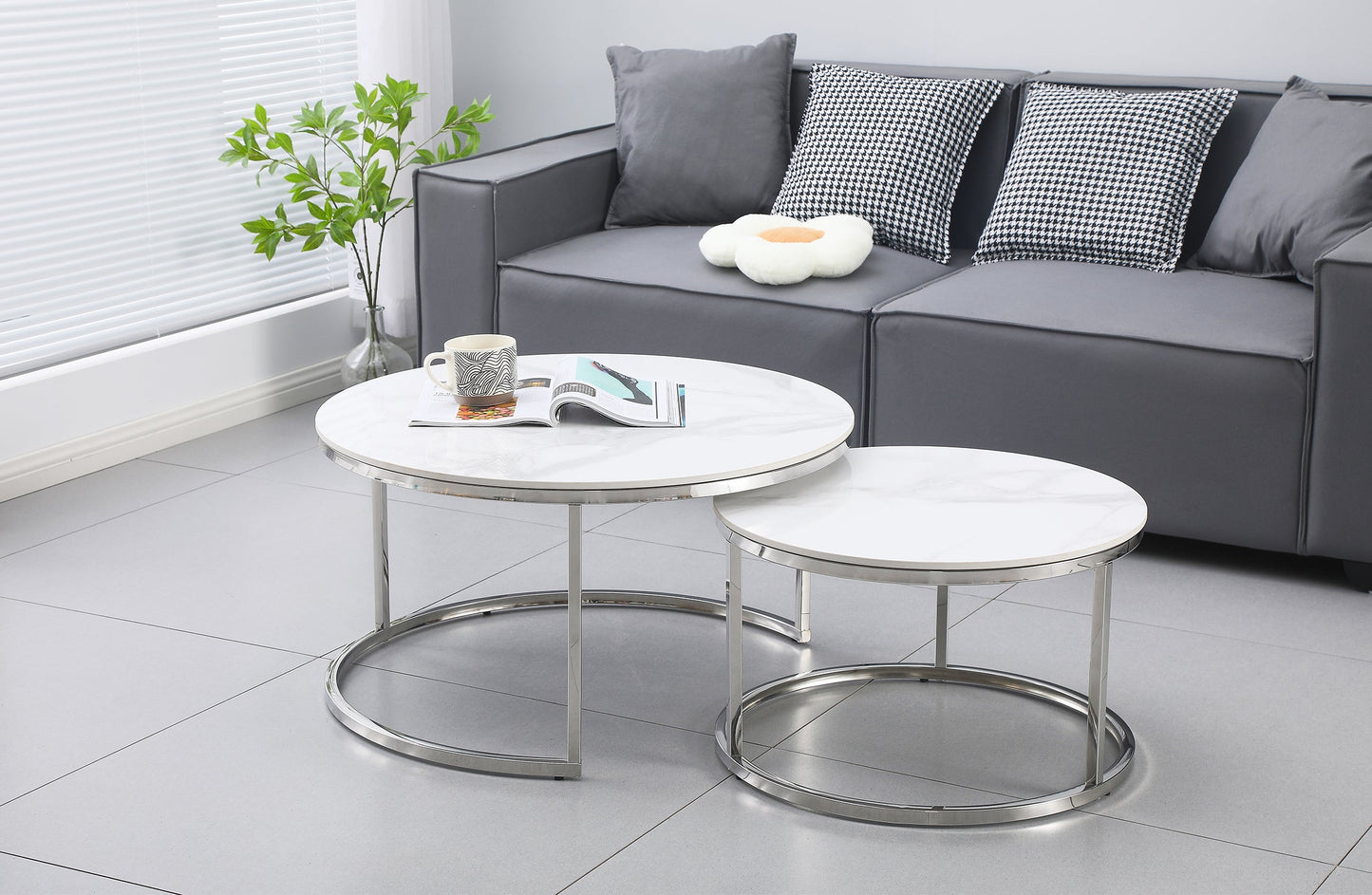 Nesting Style Coffee Table - White on Silver Stainless Steel 80cm/60cm