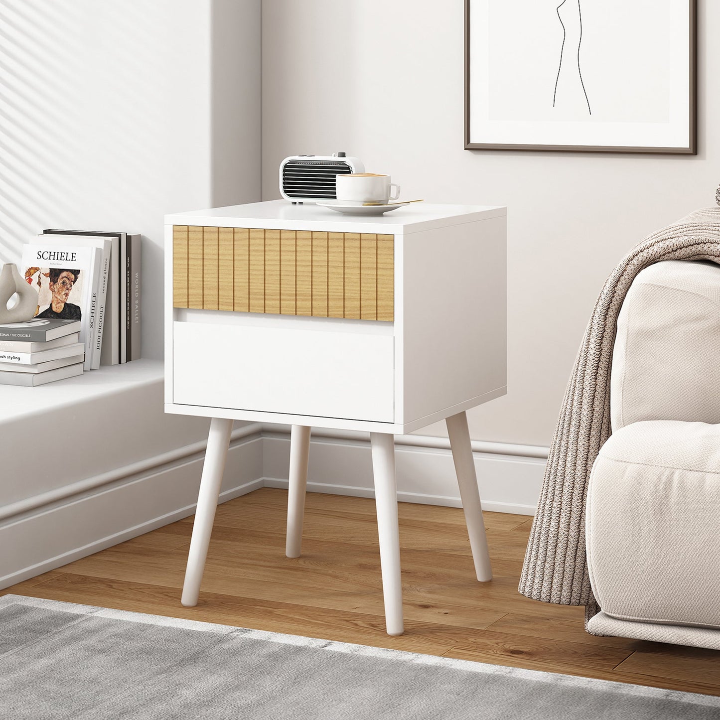Oslo Bedside Table with 2 Drawers - White & Natural