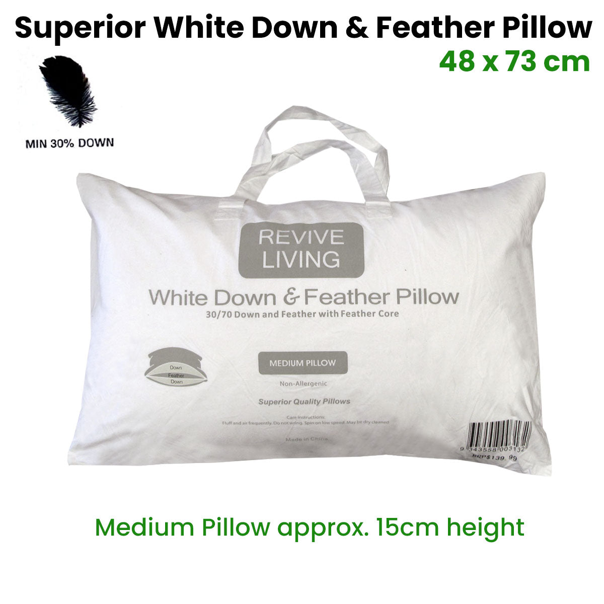 70% Feather 30% Down Superior Medium Standard Pillow 48x73 cm - Artex