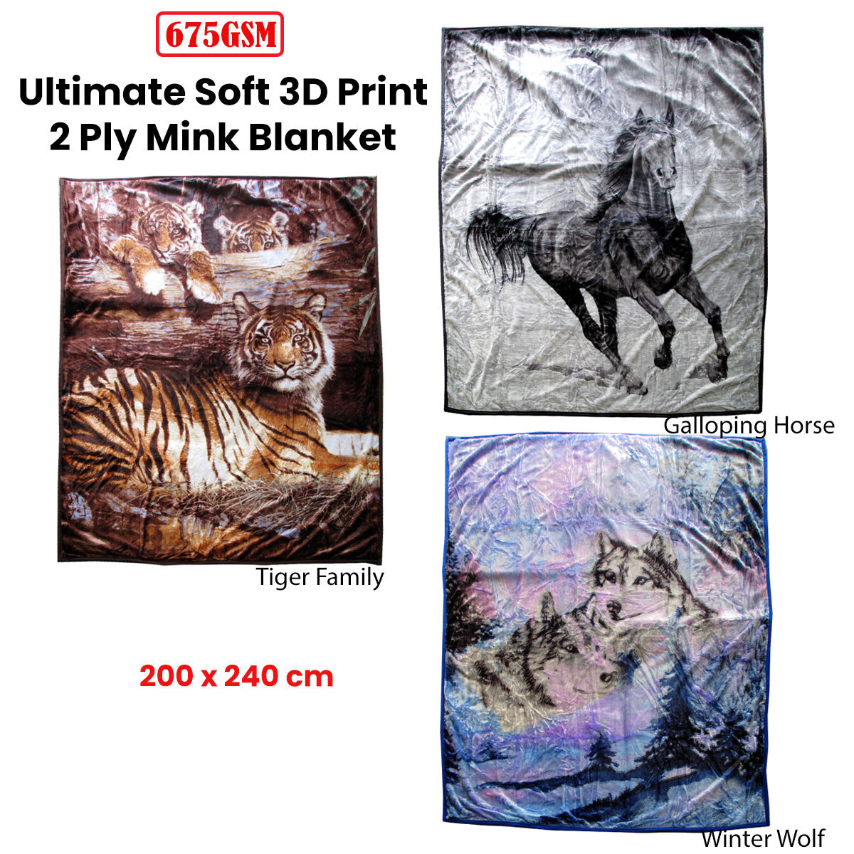 Faux Mink Blanket 675gsm 2 Ply 3D Print Queen 200x240cm Galloping Horse