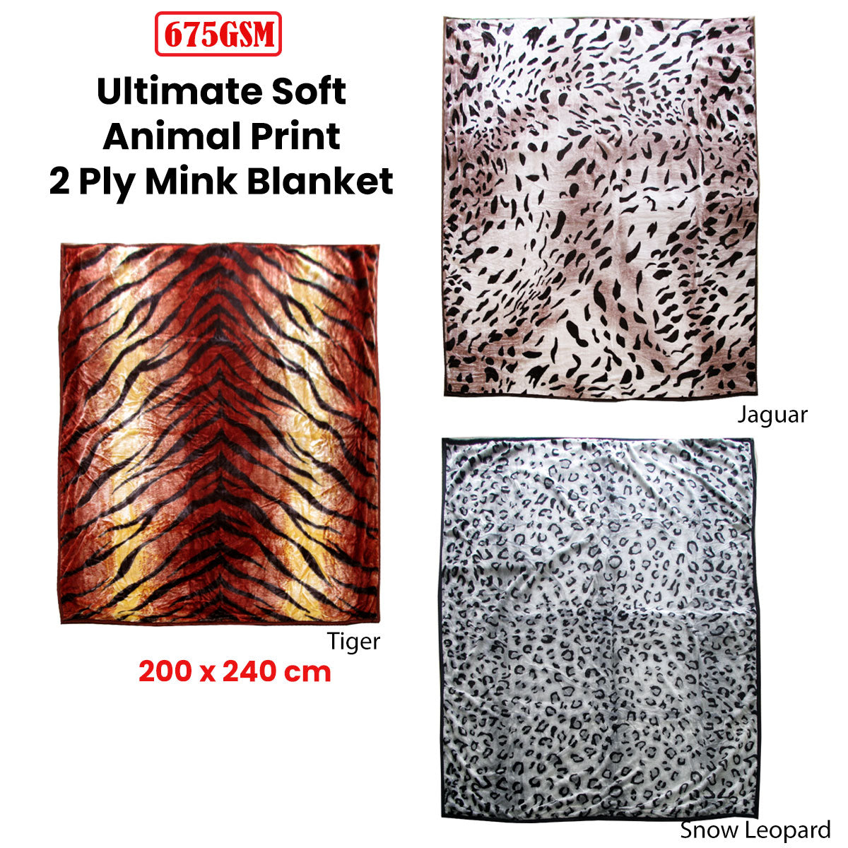 Faux Mink Blanket 675gsm 2 Ply Animal Print Queen 200x240cm Tiger