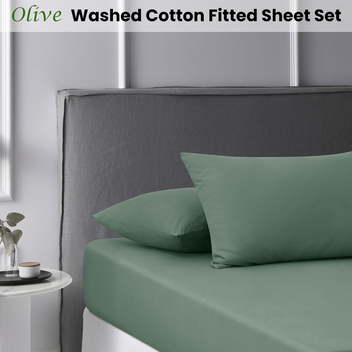 Fitted Sheet Set King Accessorize Olive Washed Cotton
