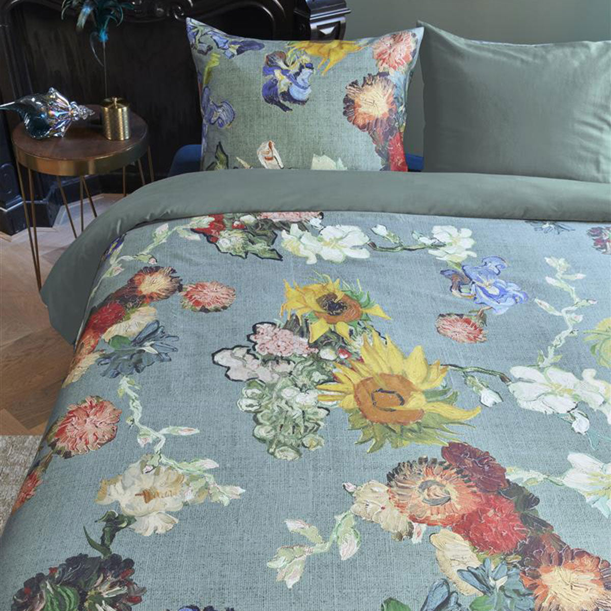 Quilt Cover Set King Bedding House Van Gogh Partout des Fleurs Green Cotton Sateen