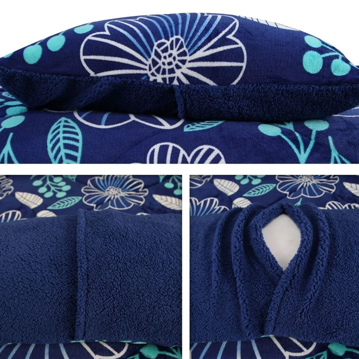 Blanket Set Ramesses Blue Flower Printed Sherpa Flannel Fleece Reversible - Single/Double