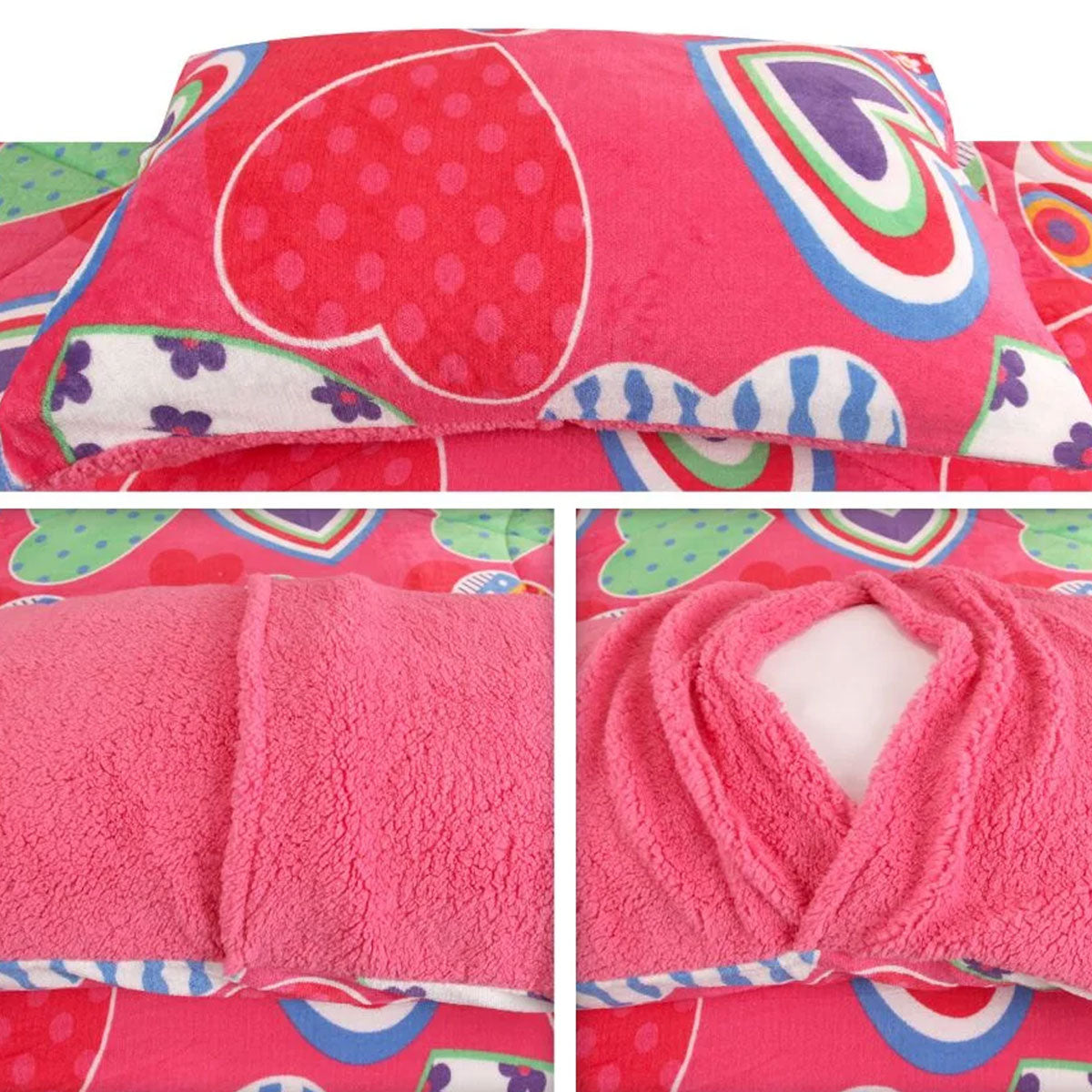Blanket Set Ramesses Pink Heart Printed Sherpa Flannel Fleece Reversible - Queen/King