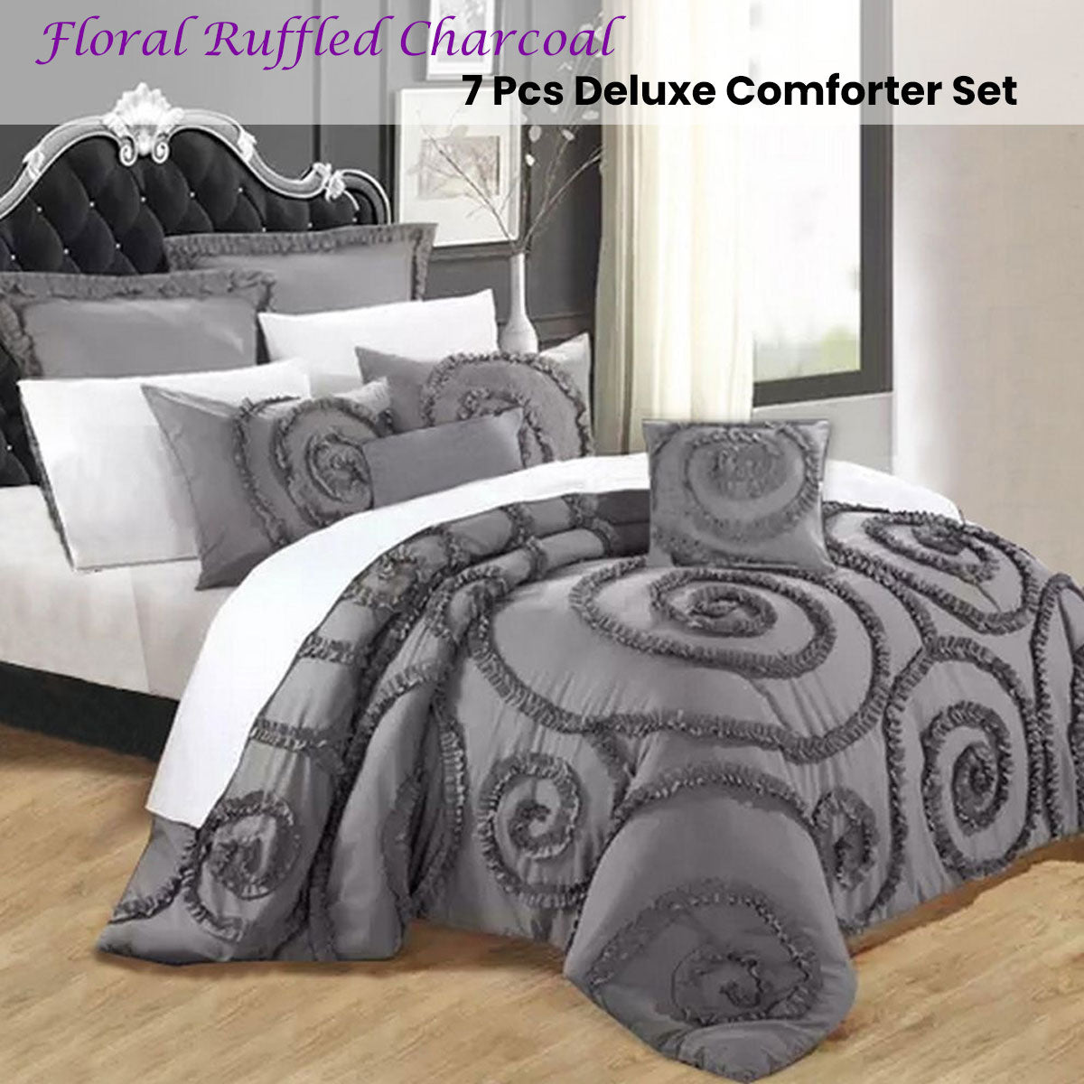 Comforter Set Ramesses Floral Ruffled Charcoal 7PCS Deluxe - Queen