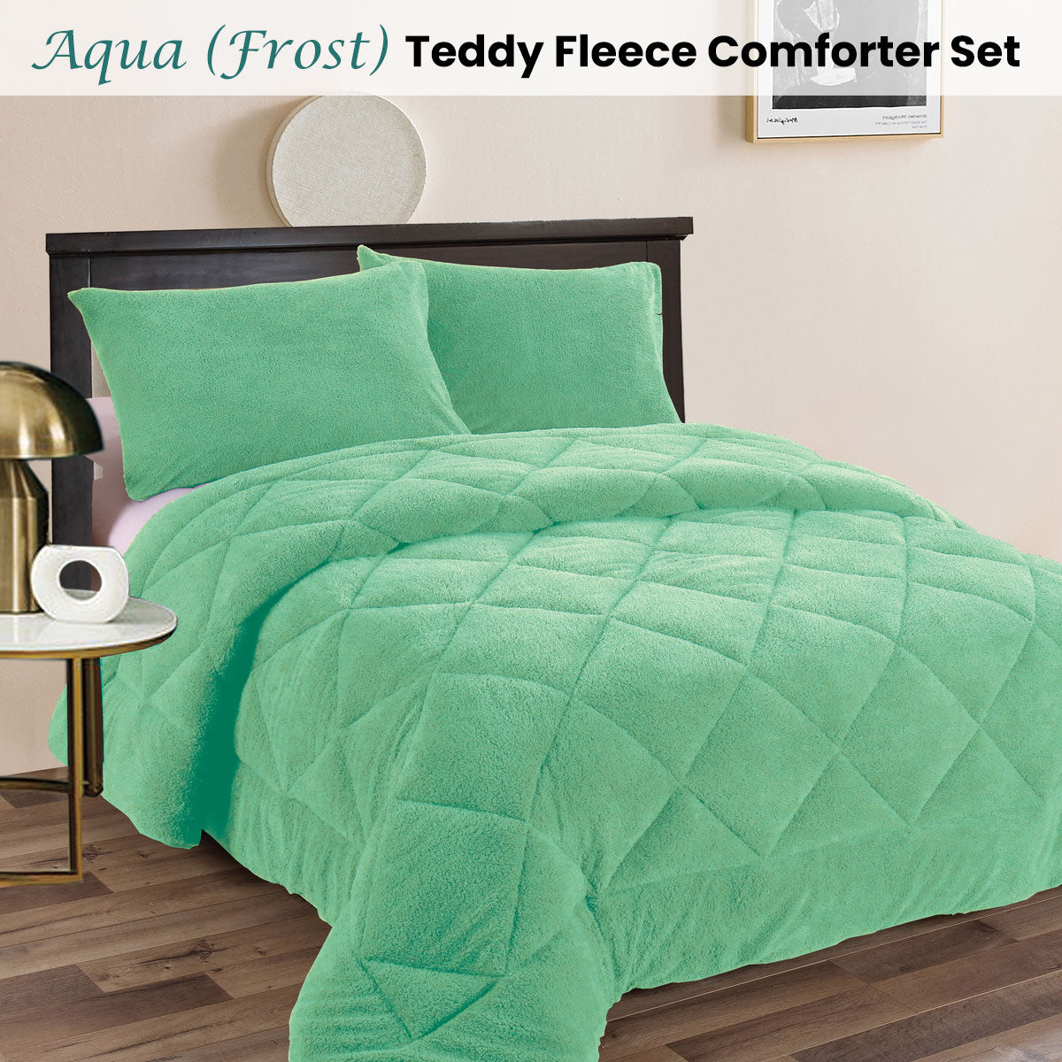 Comforter Set Ramesses Teddy Fleece 3 Pcs - Aqua (Frost) Queen