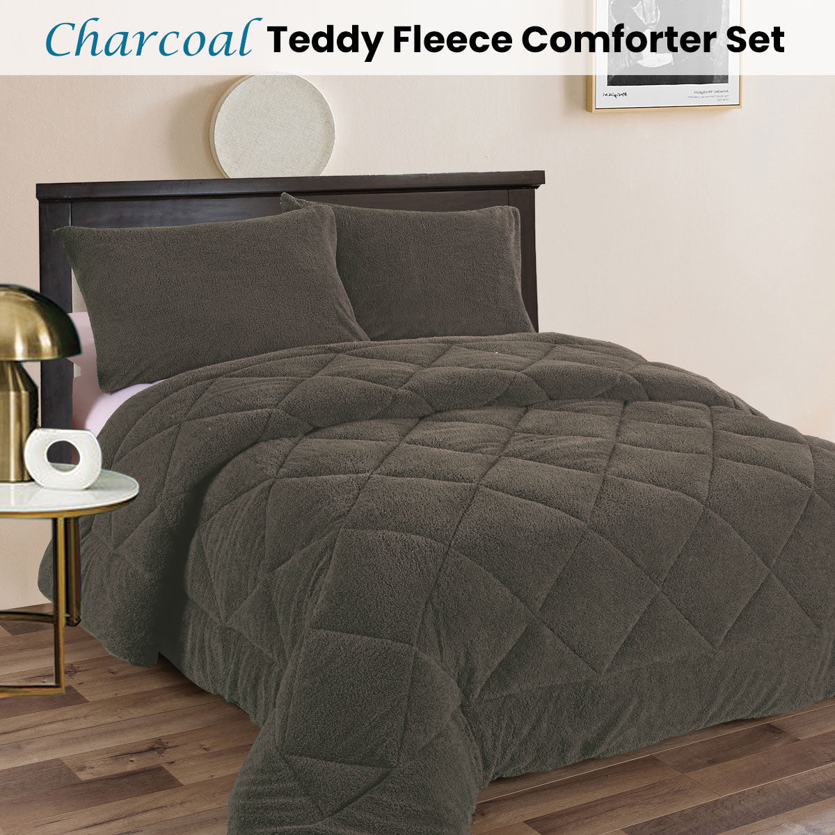Comforter Set Ramesses Teddy Fleece 3 Pcs - Charcoal King