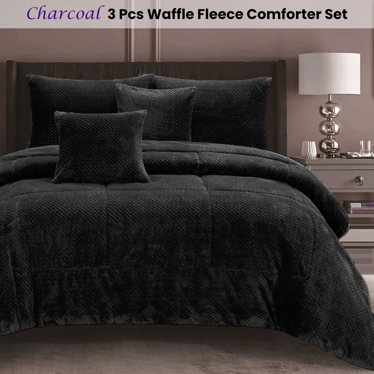 Comforter Set Ramesses Waffle Fleece Charcoal 3 Pcs - Queen