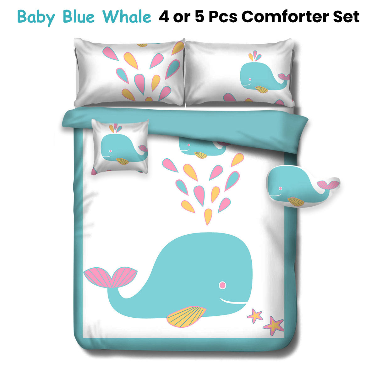 Comforter Set Ramesses Baby Blue Whale Kids Adventure 5 Pcs - Double