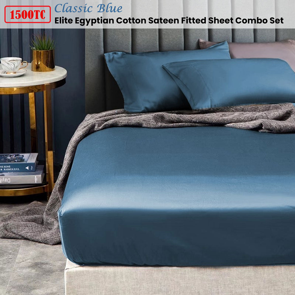 Egyptian Cotton Sateen Fitted Sheet Combo Set Ramesses 1500TC Elite - Classic Blue Queen