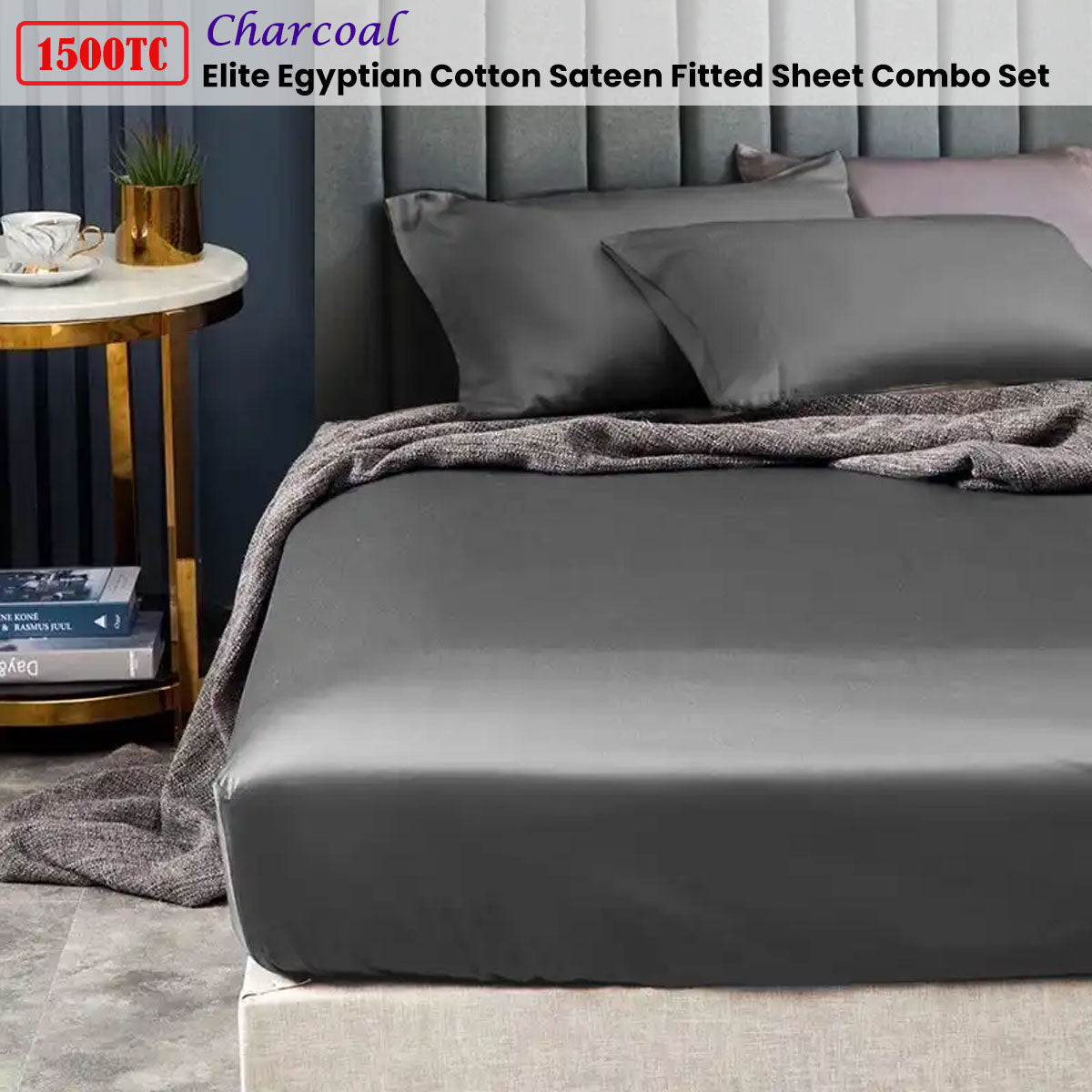 Egyptian Cotton Sateen Fitted Sheet Combo Set Ramesses 1500TC Elite Charcoal - Single