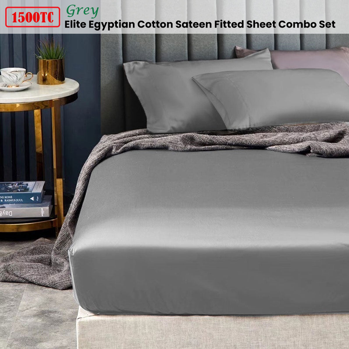 Egyptian Cotton Sateen Fitted Sheet Combo Set Ramesses 1500TC Elite - Grey Queen