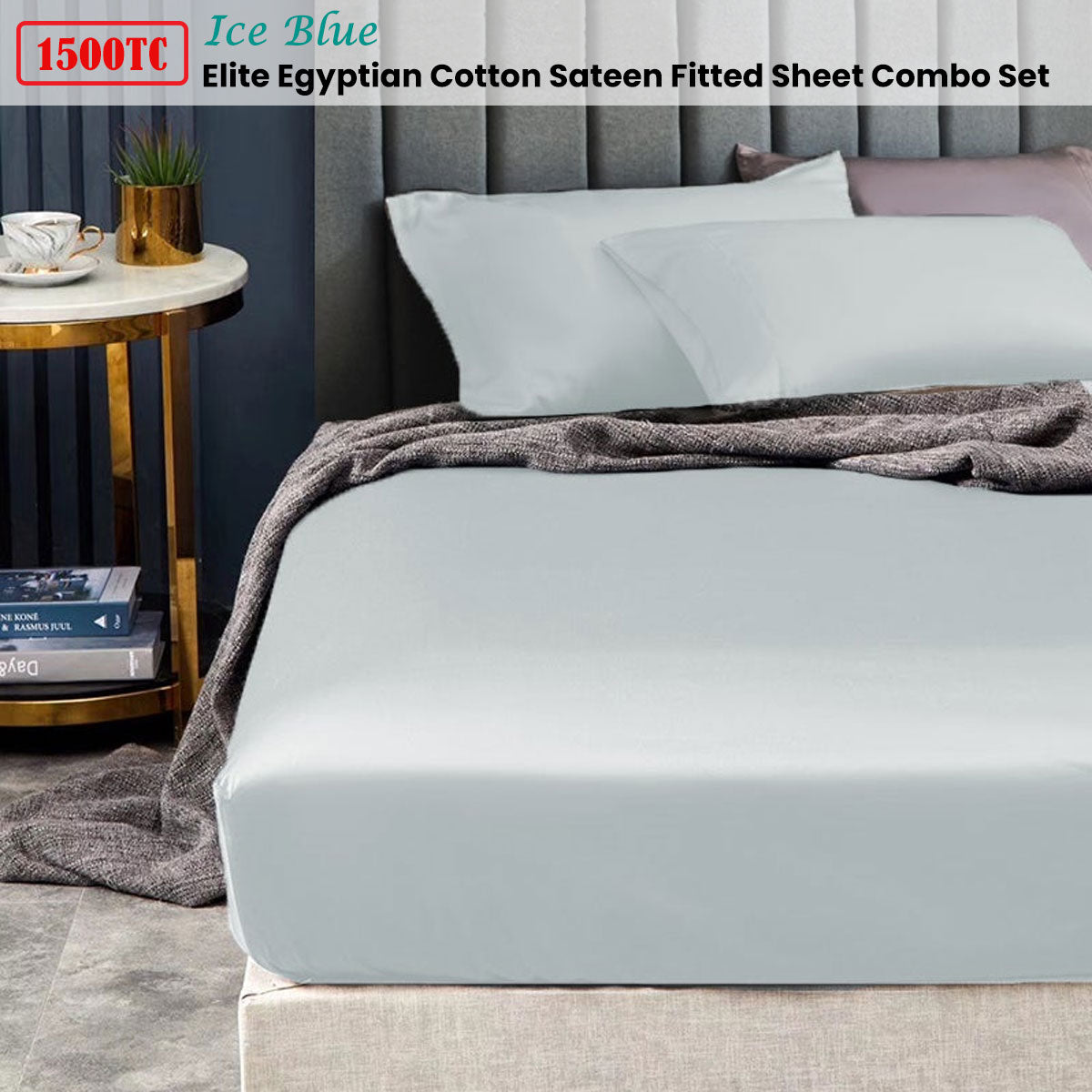 Egyptian Cotton Sateen Fitted Sheet Combo Set Ramesses 1500TC Elite - Ice Blue Mega King
