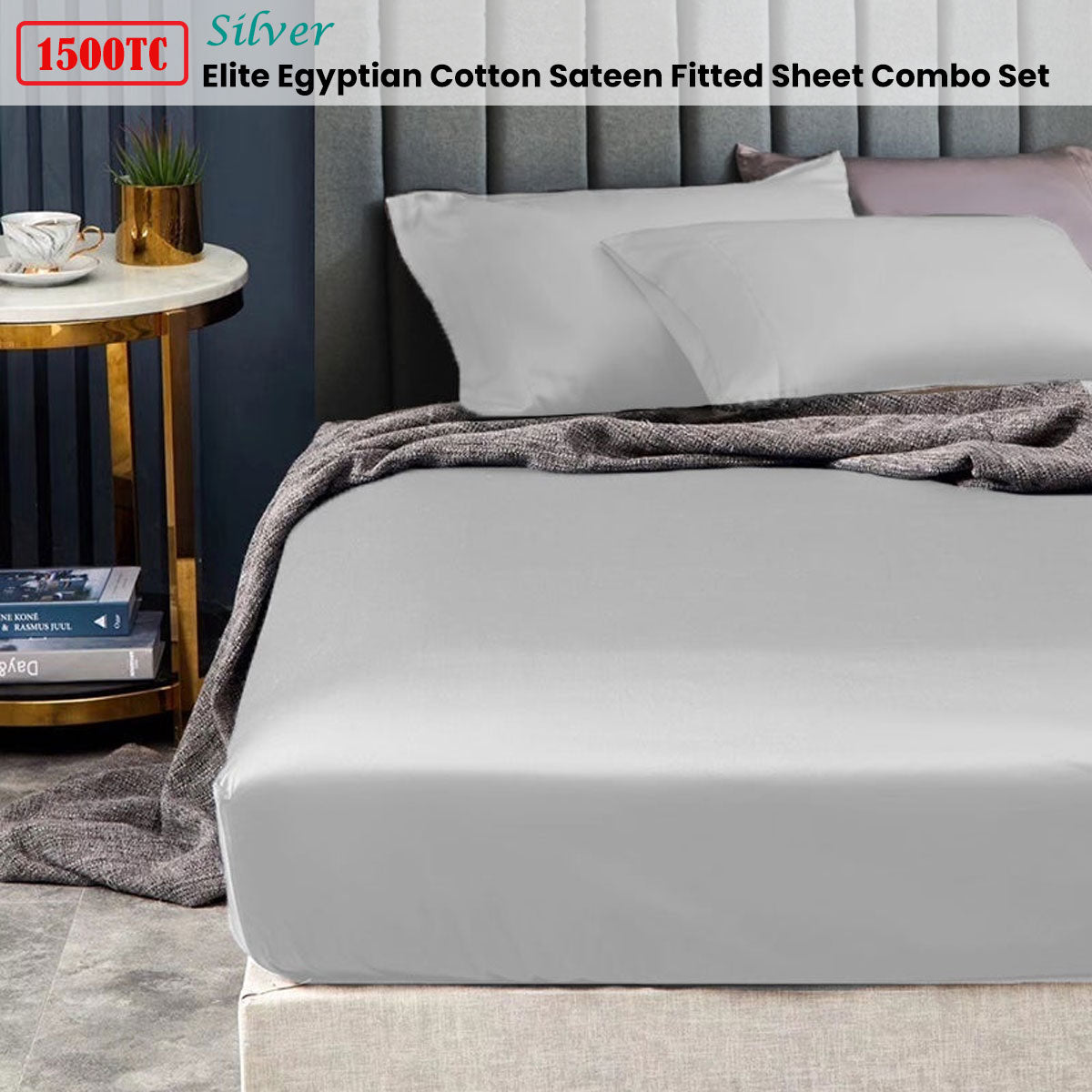 Egyptian Cotton Sateen Fitted Sheet Combo Set Ramesses 1500TC Elite - Silver Queen