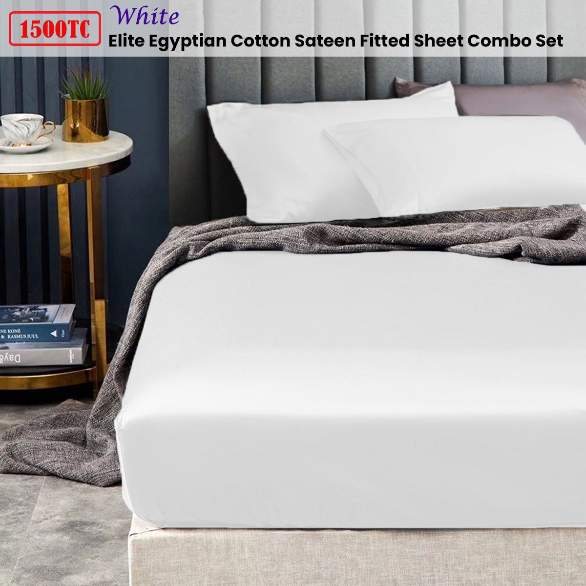 Egyptian Cotton Sateen Fitted Sheet Combo Set Ramesses 1500TC Elite - White Single