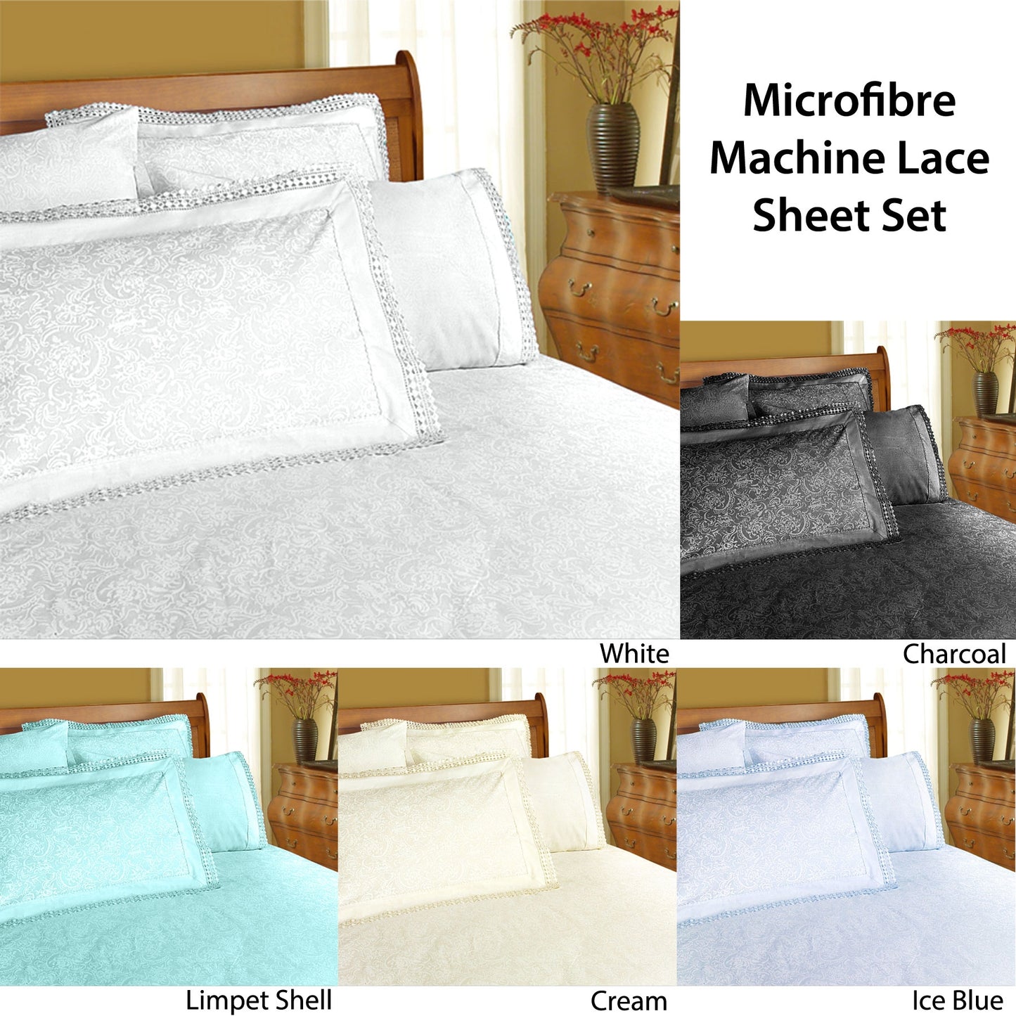 Shangri La Microfibre Machine Lace Sheet Set - Charcoal Queen