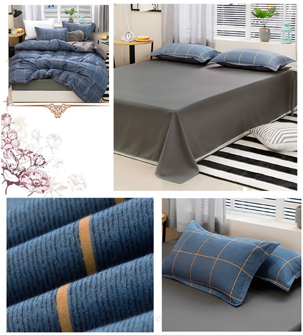 Bedding Set Blue Plaid Pattern Aloe Cotton Flat Sheet Quilt Cover Pillowcases 4pcs Duvet Doona King
