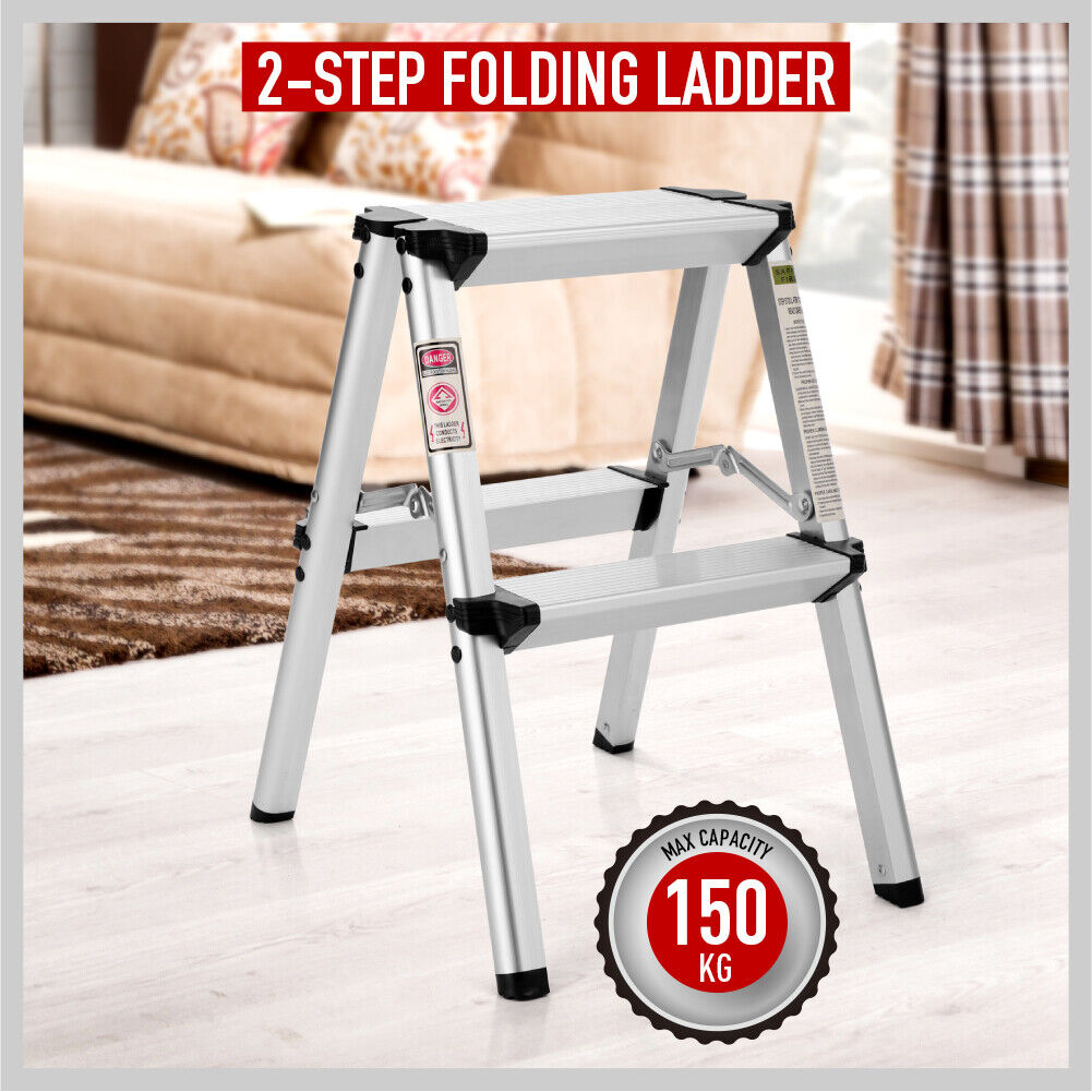 Portable Folding Ladder 2-Step Aluminum Frame Lightweight Anti Slip 150KG