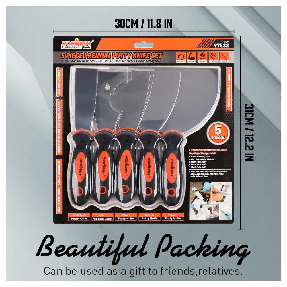 Putty Knife Set 5Pc Stainless Steel Joint Wall Scraper Paint Clean Blade