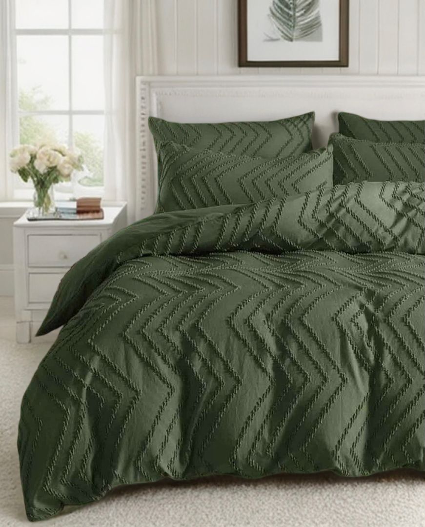 Tufted Boho Wave Jacquard Quilt Cover Set Dark Green - Queen Size
