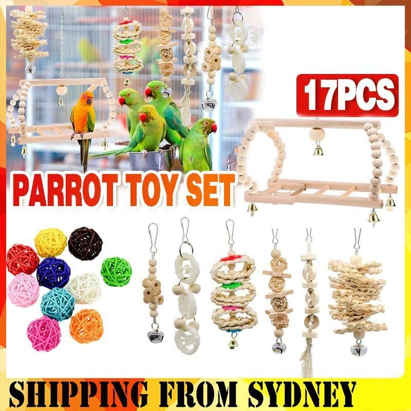 17PCS Bird Toys Parrot Swing Toys Chewing Hanging Bell Cockatiel Cage Toy Set