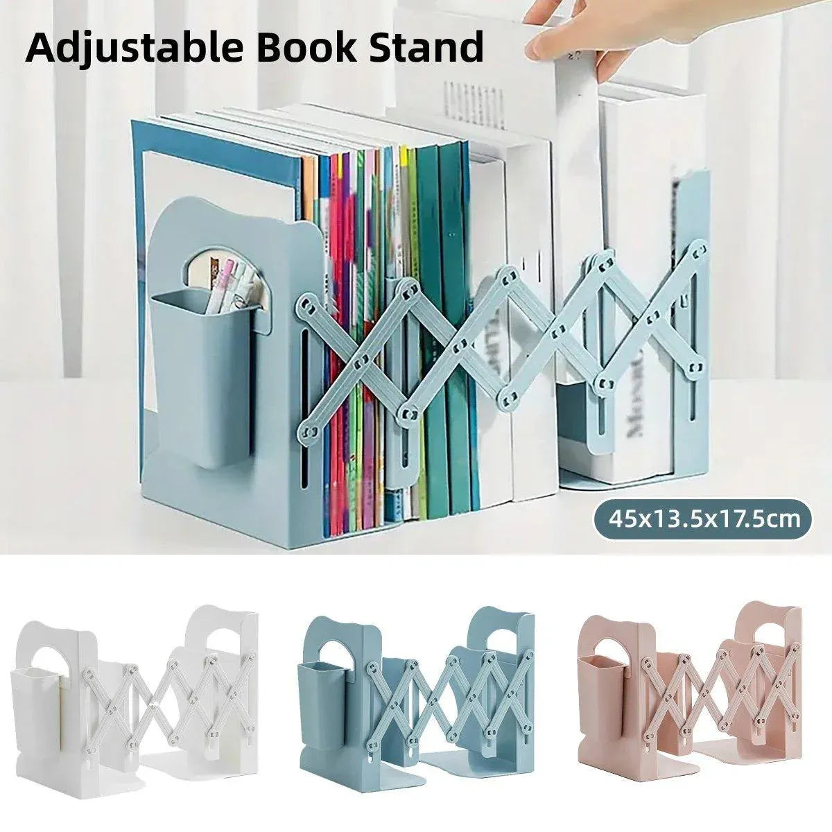 Adjustable Desktop Bookshelf Organizer With Pen Holder Folding Book Storage Rack - White