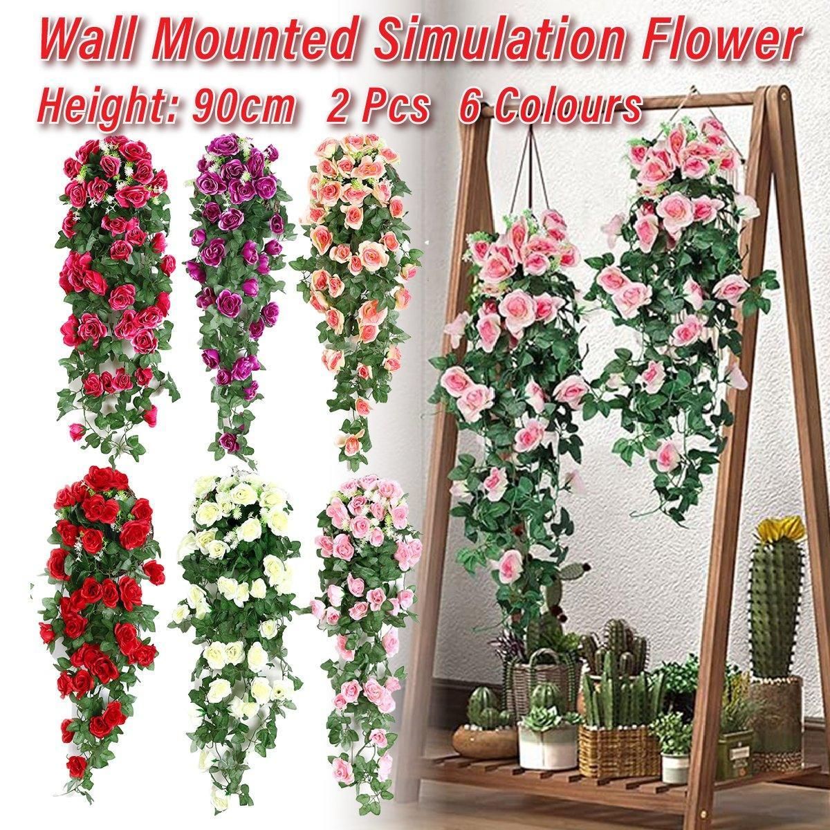 2PCS Artificial Rose Flower Garland Hanging Vine Home Wall Decor Fake Rattan - Red