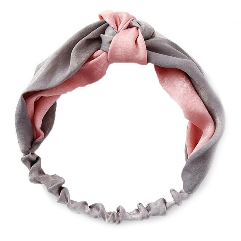 Women Chiffon Floral Print Headband Fashion Bohemian Elastic Cross Hair Bands - Pink+Grey