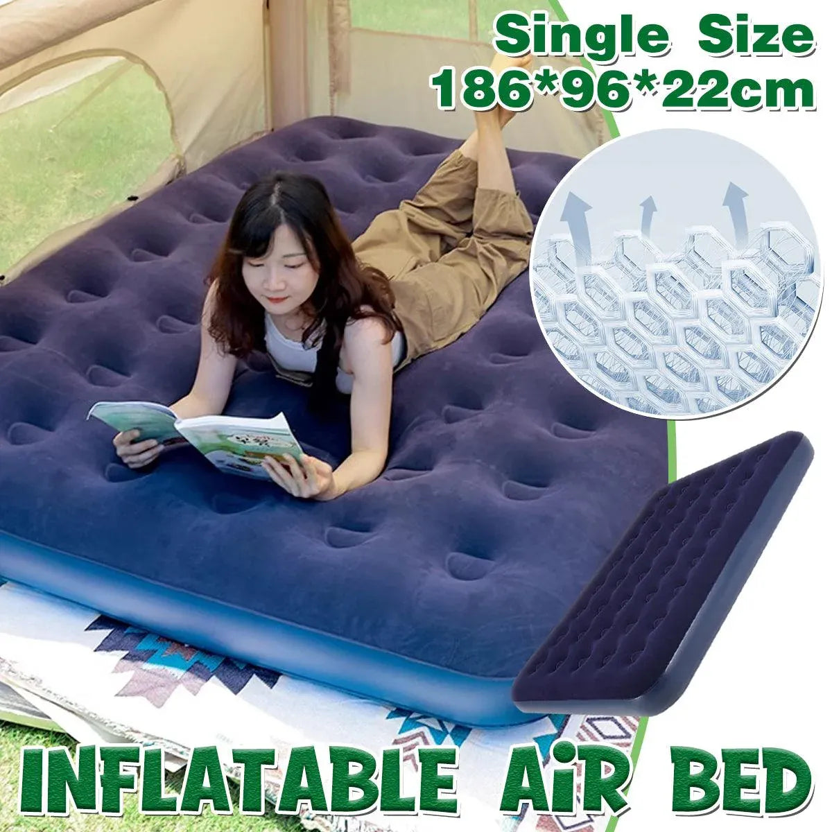 King Size Inflatable Airbed Easy Inflate Flocked Air Mattress Camping Guest Bed
