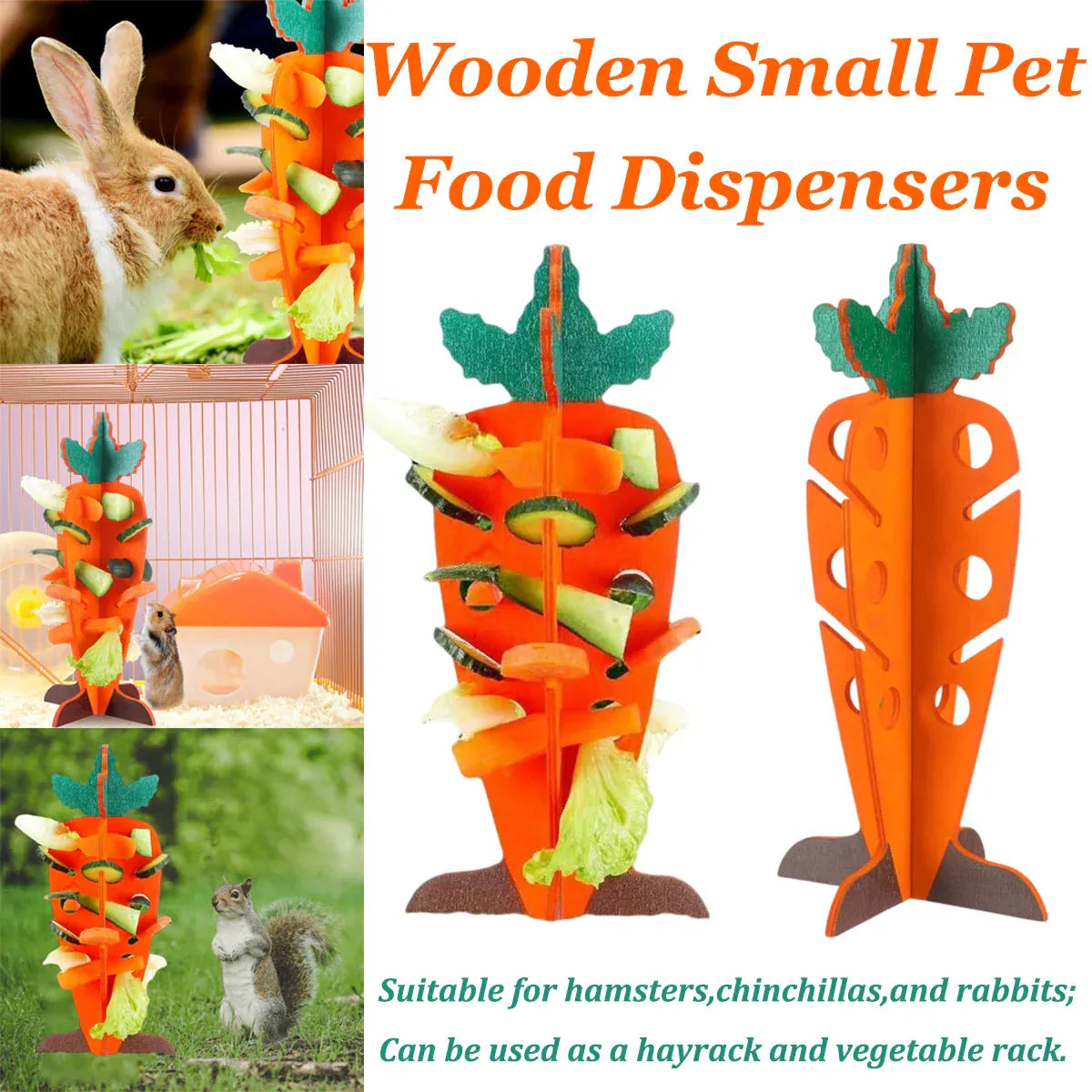 Carrot Shaped Wooden Food Dispenser Rabbit Toy Bunny Chew Enrichment Pet Toy