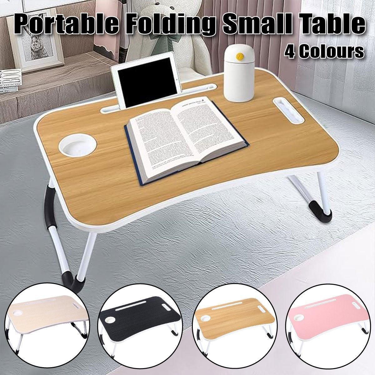 Laptop Bed Table Foldable Lap Standing Desk with Cup Slot for Indoor Picnic Tray - White