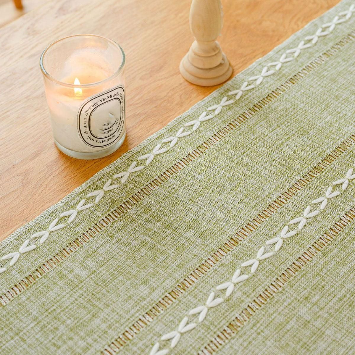 Solid Colour Woven Hollow Fringe Table Runner Home Dining Tablecloth Decoration - 33x183cm-Green