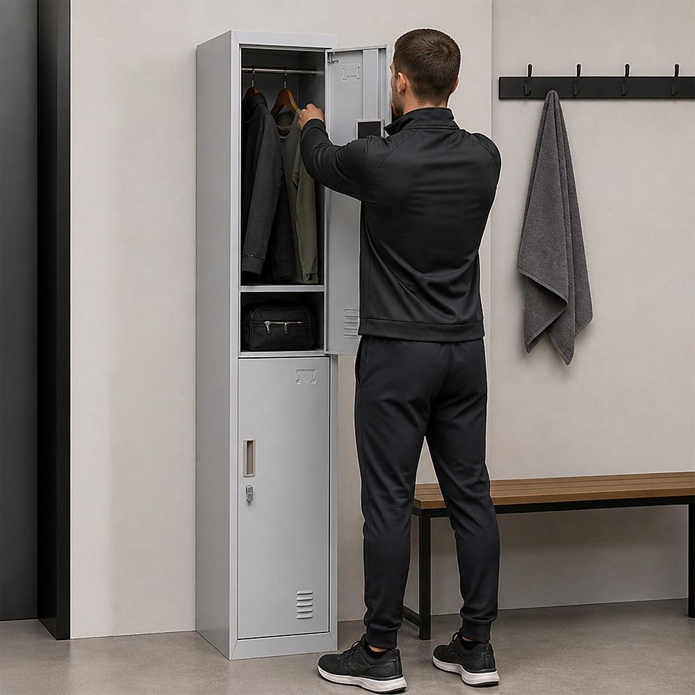 Padlock-Operated Lock 2-Door Vertical Locker for Office Gym Shed School Storage - Grey