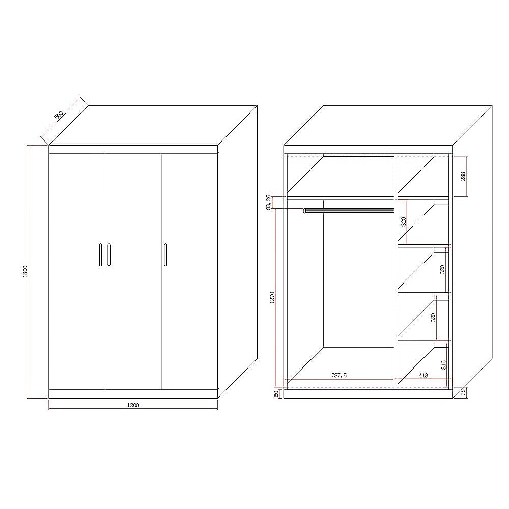 3 Door White Gloss Wardrobe – Gold Handles, Hanging Rail & Shelves