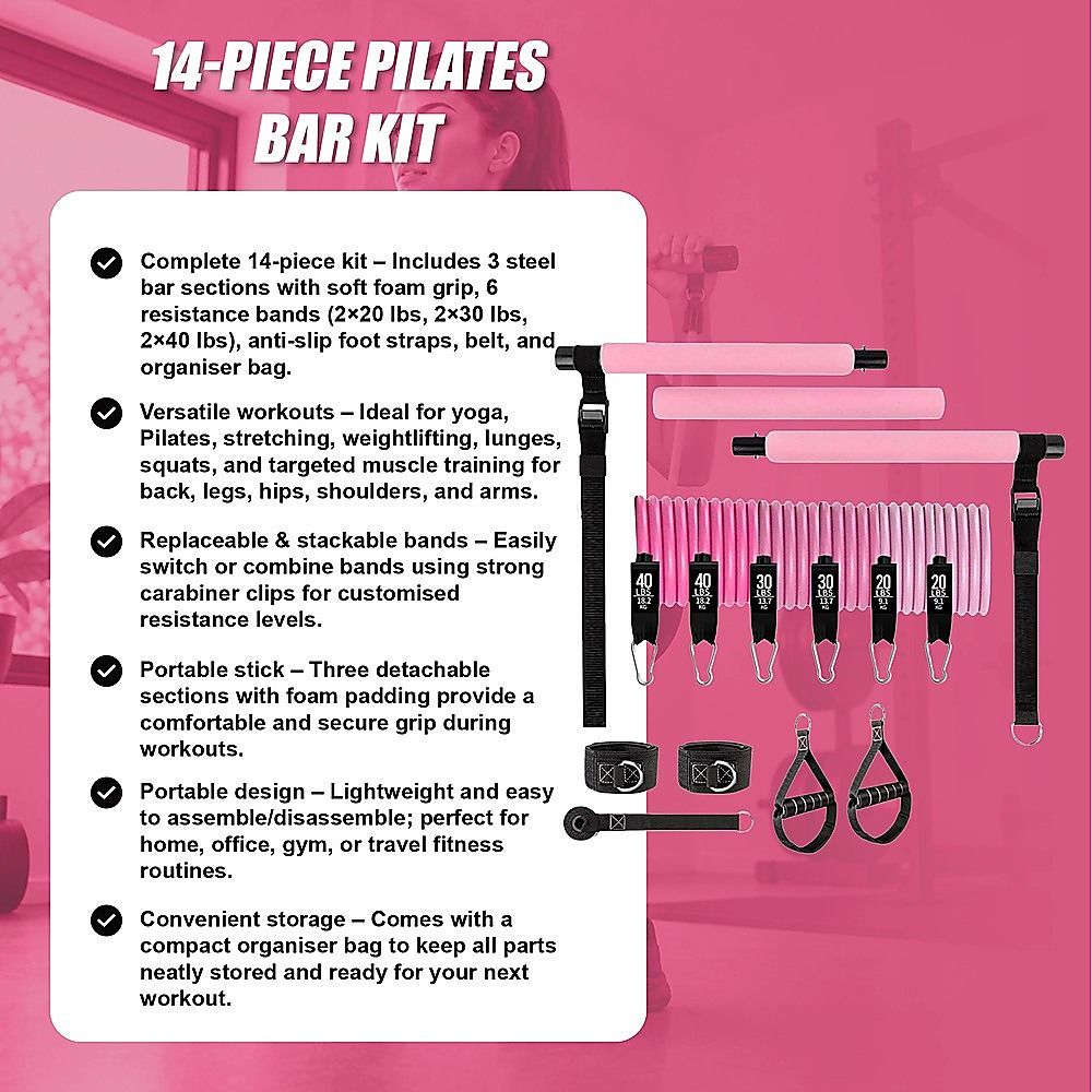 14pc Pilates Bar Kit with Resistance Bands & Belt – Multifunctional Fitness Pedal Puller for Home Workout