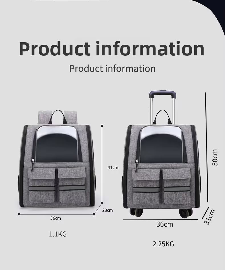 light Blue 3-in-1 Pet Carrier: Rolling Backpack with Collapsible Design