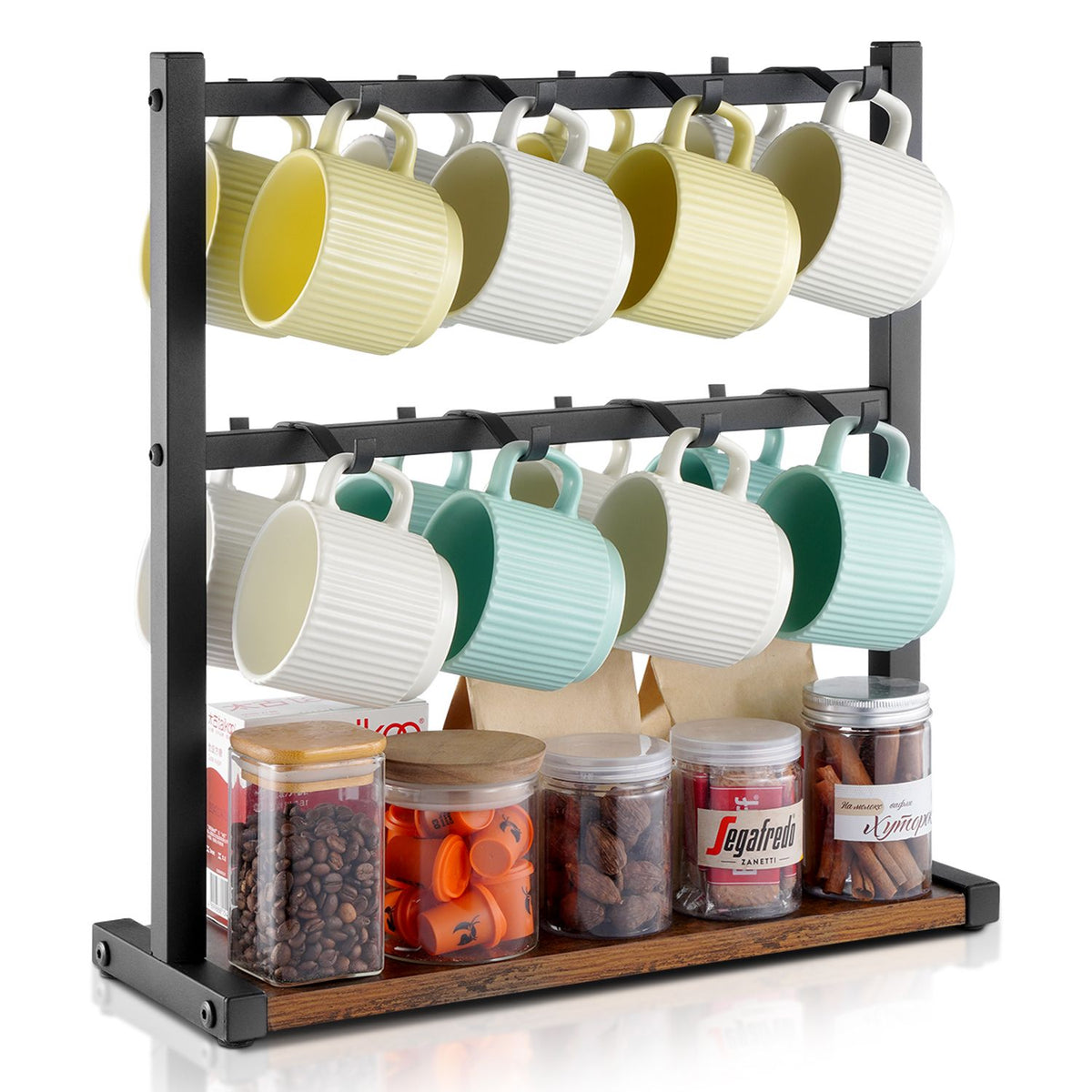 VEVOR Coffee Mug Holder for Countertop 16 Hooks Cup Rack with Wood Storage Base