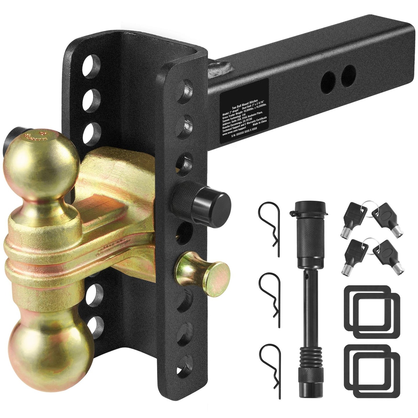 VEVOR Adjustable Trailer Hitch, 152.4 mm Drop & 114.3 mm Rise Hitch Ball Mount with 50.8 mm Receiver, Solid Tube, 6350 kg GTW, 50.8 mm and 58.7 mm 45# Steel Tow Balls with Key Lock for Truck Towing