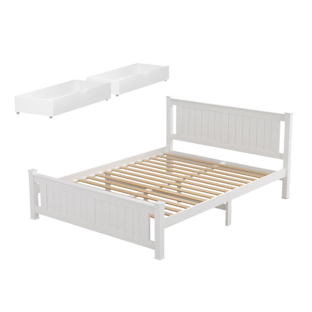 White wooden bed queen size with key surfaces and edge shape