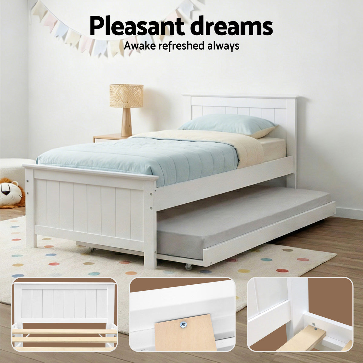 Bed Frame Wooden Trundle Timber Slat King Single Size - White