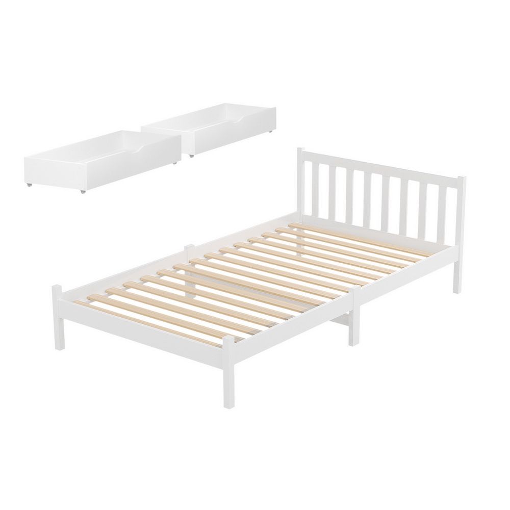 White wooden bed king single with assembled layout and visible hardware