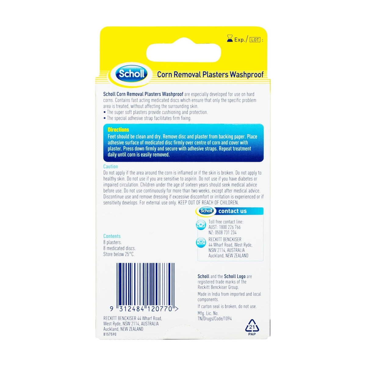 Scholl Corn Removal Plaster Washproof 8pk