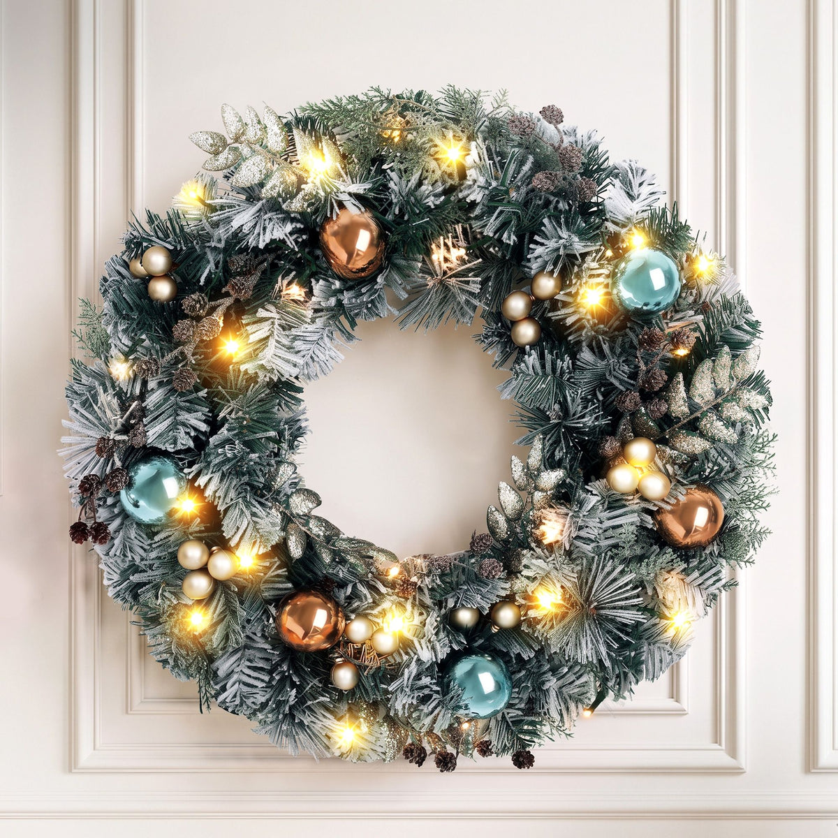 Christmas Wreath 60CM with LED Lights Snowy Garland for Xmas Decor