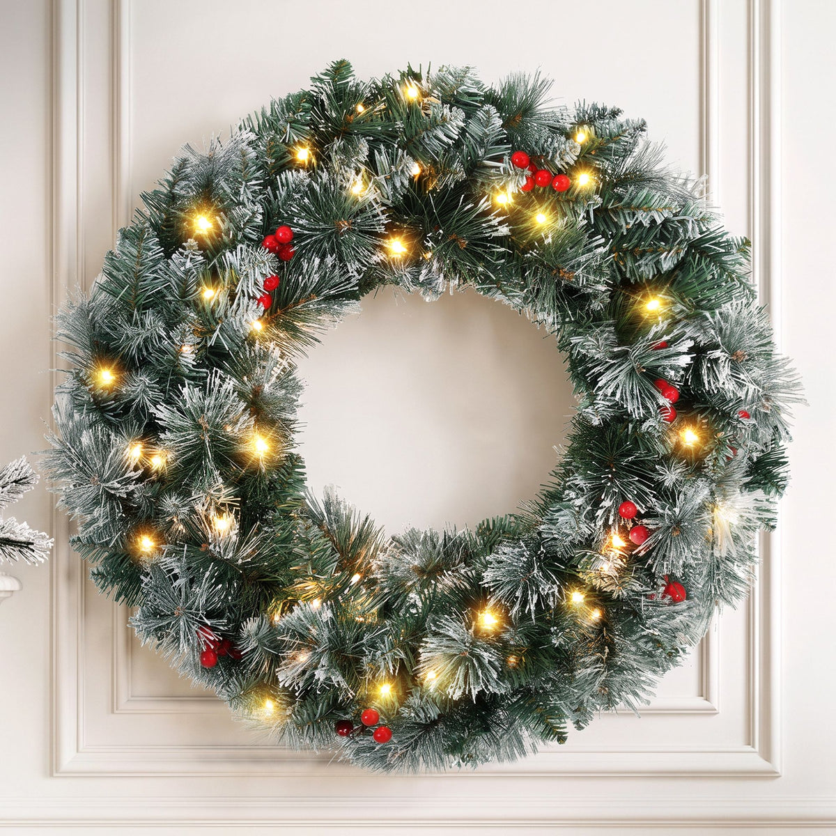 Christmas Wreath 60CM LED Lights Snowy Berries Garland - Party Decor