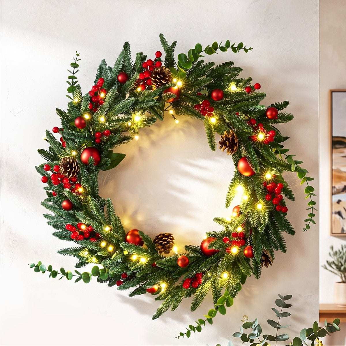 Jingle Jollys Christmas Wreath 60CM LED Garland Berries Pine Cones Party Decor