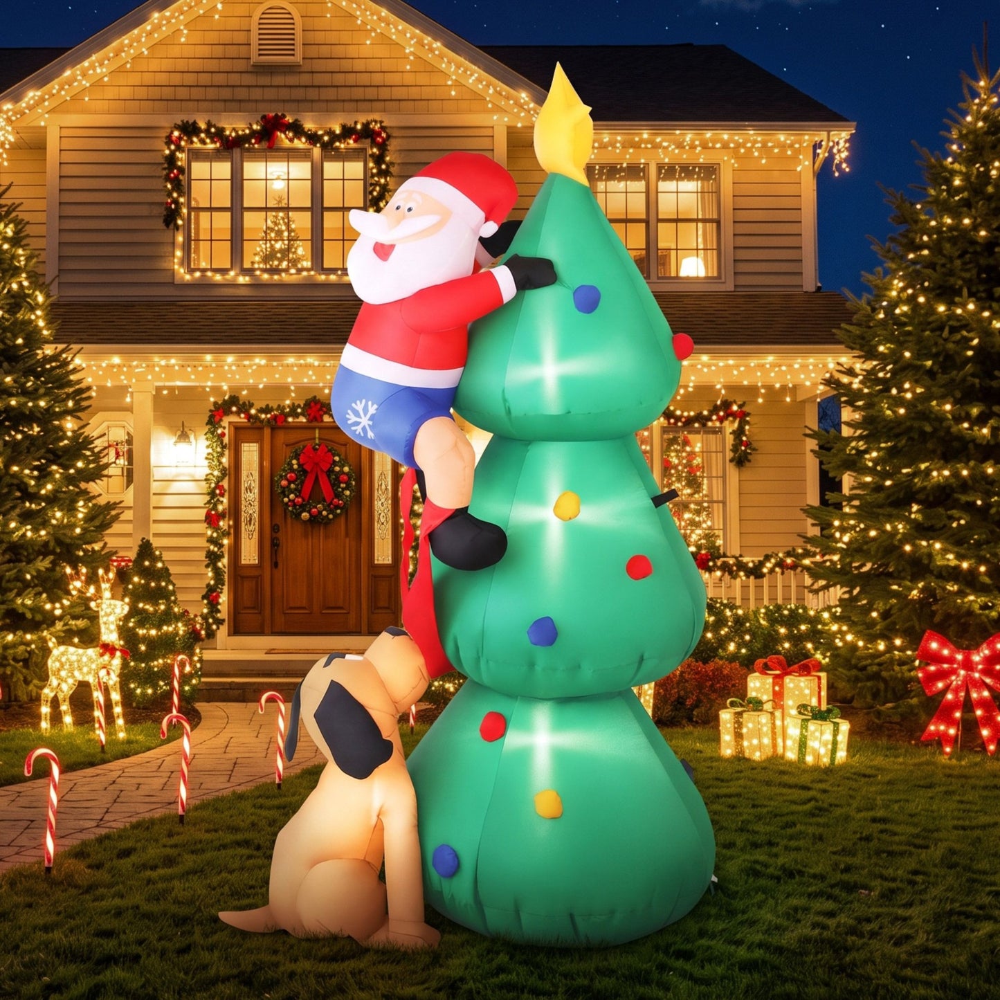Christmas Inflatable Santa on Tree - 1.8M Xmas Decor with Lights